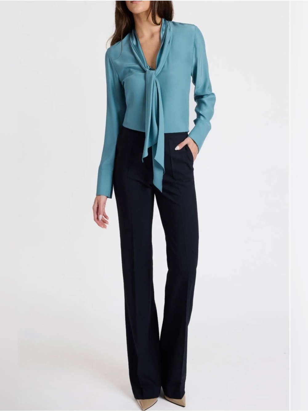 J Crew 100% Silk Teal Crepe de Chine Tie-Neck Blouse